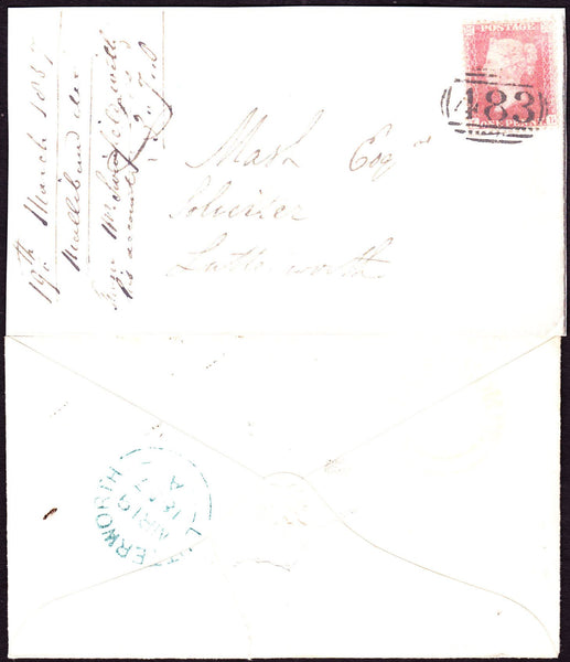 64905 - 1857 LEICS/'ULLESTHORPE' UDC (LC186)/1D TRANSITIONAL(SPEC C9) ON COVER. Envelope used locally in Lut...
