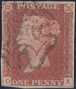 65130 1843 1D PL.34 (SG8)(OA). Good used 1843 1d pl. 34 (SG8) lettered OA, very light bend, four close to fine margins cancelled fine strike black Maltese cross.