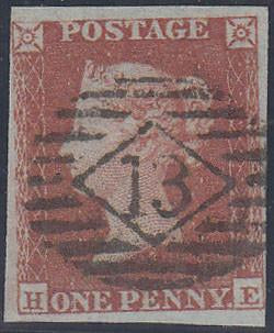 65169 - Pl.169 (HE)(SG8). Good used 1853 1d pl. 169 (SG8) lettered HE
