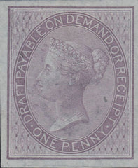 65234 - 1857 1D LILAC POSTAL (SGF7) IMPERFORATE IMPRIMATUR. A very fine imperforate imprimatur