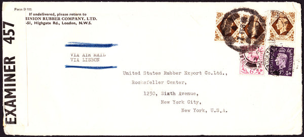 66034 - 1941 MAIL LONDON TO USA. Large envelope (227x102) London to New York with KGVI 3d, 6d ...