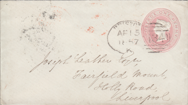 66317 - BRISTOL SPOON TYPE A RECUT (RA26)/REDLAND UDC. 1857 1d pink envelope Bristol to Li...