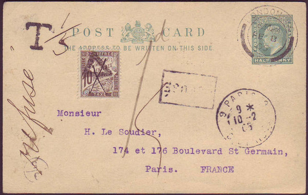 66336 - 1905 UNDERPAID MAIL LONDON TO PARIS. 1905 KEDVII ½d postal stationery post ...