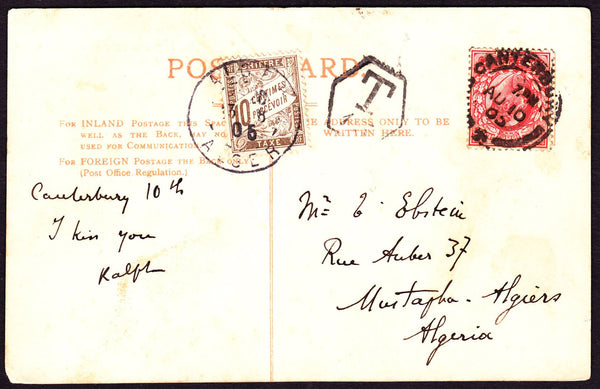 66338 - 1905 UNDERPAID MAIL KENT TO ALGERIA/POSTAGE DUE. 1905 post card Canterbury Cathedr...