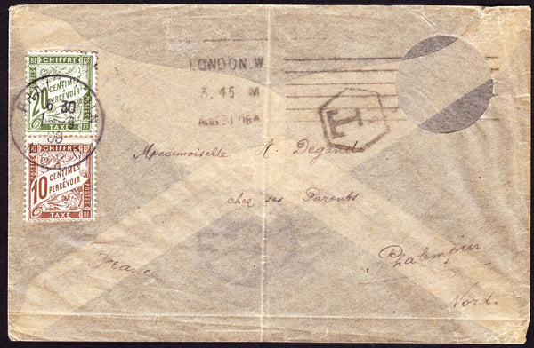 66340 - 1908 UNPAID MAIL LONDON TO FRANCE. 1908 'Ambulance' style envelope Londo...
