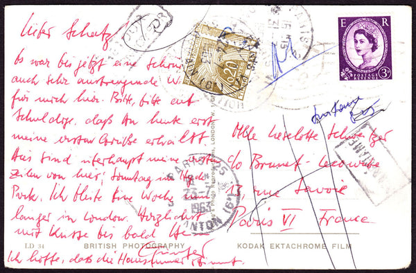 66360 -1963 UNDERPAID/UNCLAIMED MAIL LONDON TO PARIS. Post card of London to Paris canc...