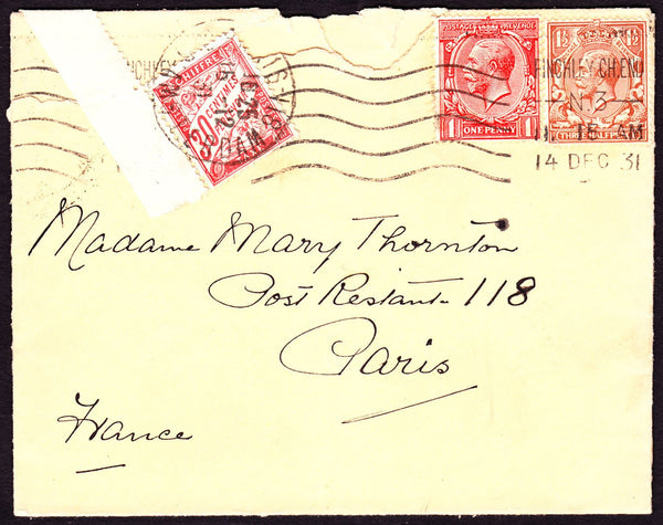 66472 - 1931 UNDERPAID MAIL TO FRANCE/POSTE RESTANTE. Envelope (roughly opened) Finchl...