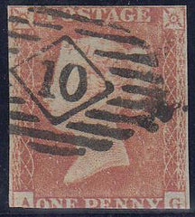 66857 - 1853 1d pl.163 lettered AG (SG 8). Three margins -...