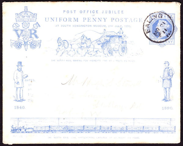 67024 - 1890 PENNY POSTAGE JUBILEE ENVELOPE USED LOCALLY IN EALING IN 1911 . A used 1d blue envelope use...