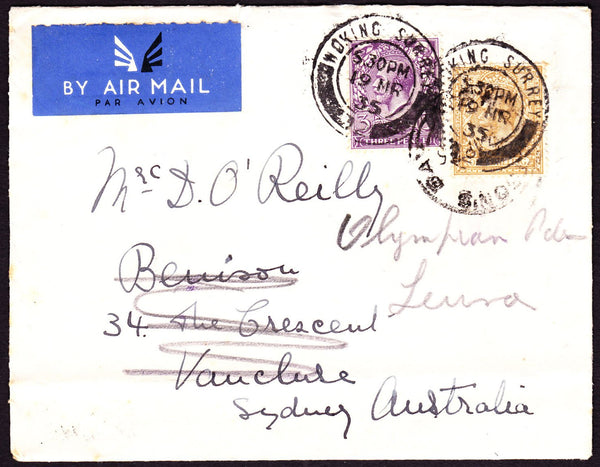 67090 - 1935 MAIL WOKING TO AUSTRALIA/REDIRECTED. Envelope Woking to Sydney ...