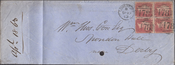 67104 - PL. 57(SG40) BLOCK OF FOUR ON COVER(BJ BK CK CL) LOWESTOFT TO DERBY. 1863 envelope Lowestoft to Derby with blo...