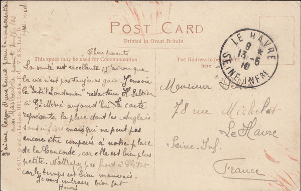 67114 - 1910 POST CARD LONDON TO FRANCE STAMP ON INCORRECT SIDE BUT NOT SURCHARGED.  Post card of Trafalgar Square to France with K...