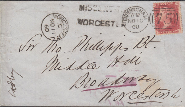 67222 - 1860 'MISSENT TO WORCESTER' (WO929). Envelope Birmingham to Broadwa...