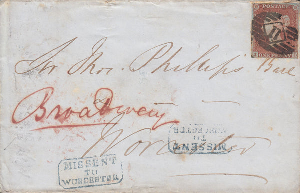 67227 - 1850 'MISSENT TO WORCESTER' (WO927). Envelope London to Broadway Wo...
