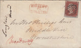 67229 - MISSENT TO WORCESTER (WO927)/PL.157(OJ). 1853 envelope Manchester to Broadway...