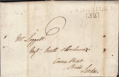 67276 - 1803 CAMBS/'CAMBRIDGE 52' MILEAGE MARK (CB35). Letter Cambridge to London da...