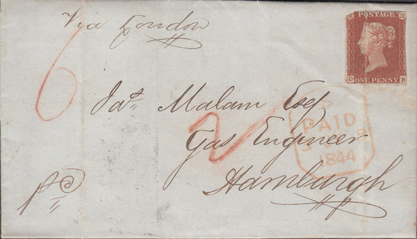 67295 - 1844 1D IMPERF LOWESTOFT TO HAMBURG. 1844 entire Lowestoft to Ham...