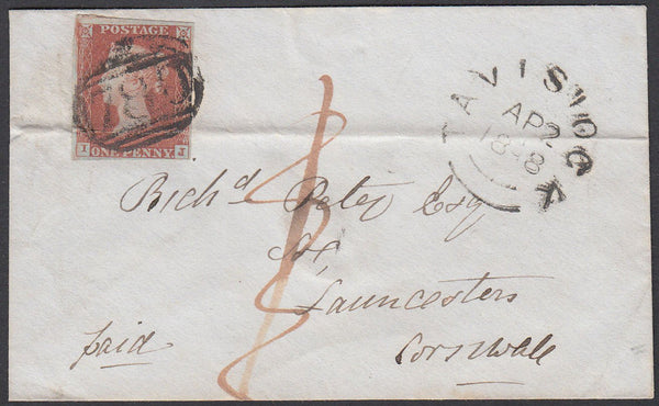 67324 - 1848 1D RATE RECEIPTED WITH STAMP AND MANUSCRIPT. Envelope Tavistock to Launceston with 4 margi...