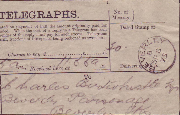 67417 - TELEGRAPH/YORKSHIRE. 1875 telegraph form Chester t...