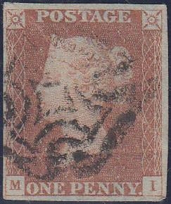 67439 - 1841 1d imperf pl.13 lettered MI (SG8). A used exa...
