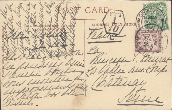 67622 - 1913 UNDERPAID MAIL ORMSKIRK TO FRANCE. 1913 post card Ormskirk to France canc...