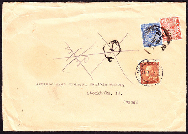 67624 - 1927 UNDERPAID MAIL LONDON TO SWEDEN. 1927 envelope London to Sweden with K...