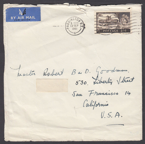 67647 1961 AIR MAIL PADDINGTON, LONDON TO CALIFORNIA USA WITH 2/6D CASTLE.mperfe...