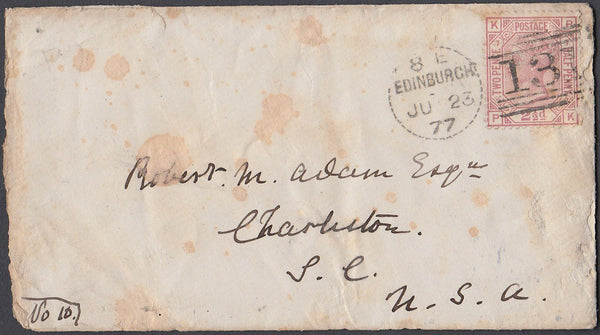 67771 1877 TRANSATLANTIC MAIL EDINBURGH TO CHARLESTON WITH 2½d ROSY-MAUVE PL. 7 (SG141) 'EDINBURGH/131' DOTTED CIRCLE CANCELLATION (RA11).