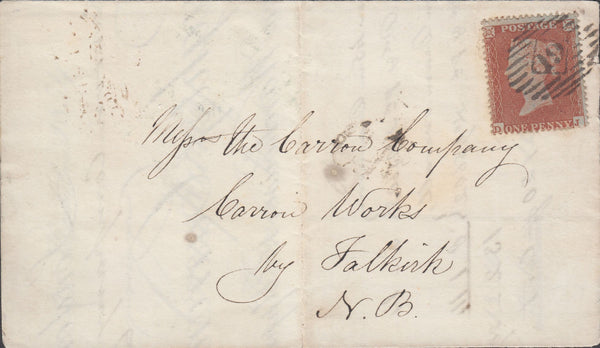 68049 - Pl. 188 (DJ)(SG17) ON COVER. 1854 wrapper (side flap removed) London to Falkirk...