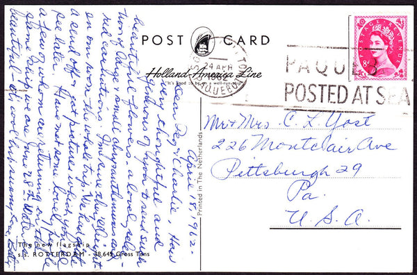 68413 - 1962 postcard Southampton to USA with 8d Wilding c...