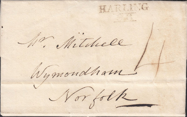 68598 - 1817 MAIL BANHAM (NORFOLK) TO WYMONDHAM WITH 'HARLING 98' MILEAGE MARK (NK181).