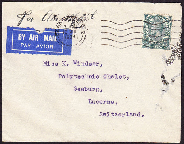 68766 - 1934 AIR MAIL PADDINGTON TO SWITZERLAND. Envelope (slight fau...