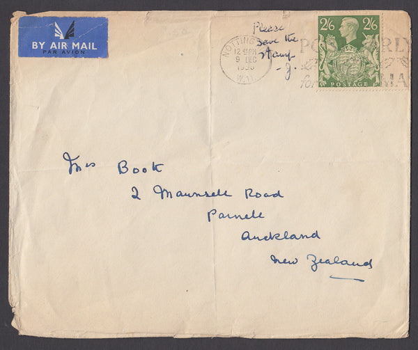 68989 1951 AIR MAIL NOTTINGHAM TO NEW ZEALAND 2/6D YELLOW-GREEN (SG476b). Larger envelope (vertical creas...