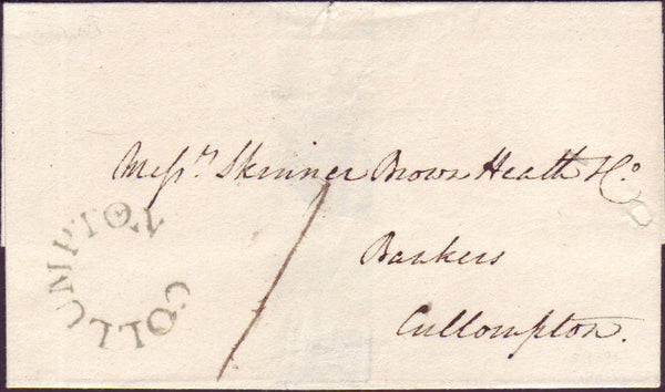 69088 CIRCA 1820 WRAPPER LOCAL USAGE IN CULLOMPTON, DEVON WITH 'COLLUMPTON' HORSESHOE STYLE HAND STAMP (DN268).