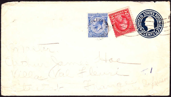 69154 - CIRCA 1930 US POSTAL STATIONERY ENVELOPE PLUS US AND GB STAMPS SOUTHAMPTON TO FRANCE. Envelope with US 5 cent darkblue postal stationery e...