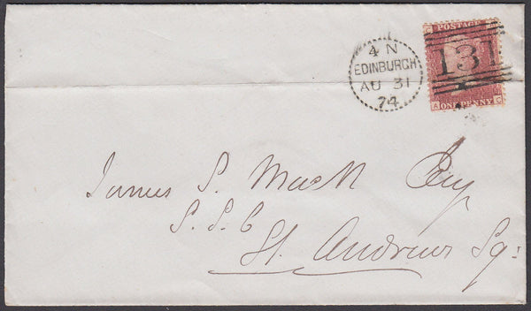 69318 1874 MAIL USED IN EDINBURGH WITH 'EDINBURGH/131' DOTTED CIRCLE (RA10) CANCELLING STAMP AND ALSO ON REVERSE.