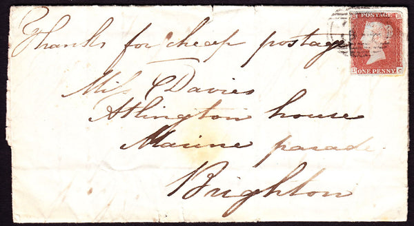 69495 - 1849 "THANKS FOR CHEAP POSTAGE" MANUSCRIPT ON LETTER. 1849 entire...