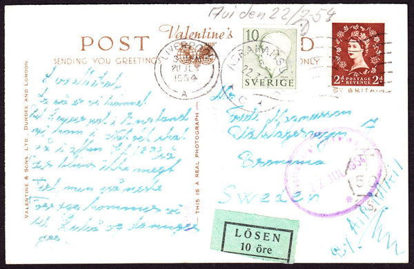 69528 - 1954 UNDERPAID MAIL LIVERPOOL TO SWEDEN. Post card Liverpool to Sweden wit...