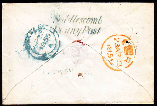 69756 - 1855 SUSSEX/'SEDDLESCOMB PENNY POST' (SX1117). 1855 envelope (small spike hole) Battle to...