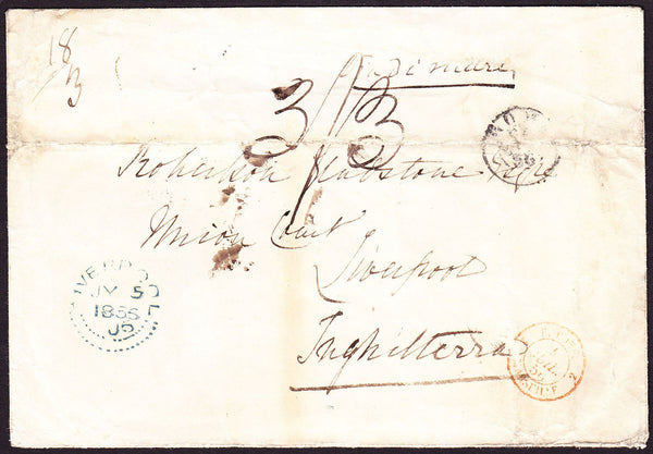69983 - 1856 'LIVERPOOL' DOTTED DATE STAMP ON MAIL ROME TO LIVERPOOL. 1856 envelope (creased...