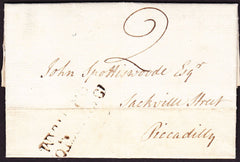 70003 - 1788 SURREY/'18 KINGSTON ON THAM' FIRST TYPE MILEAGE MARK (SY448) . Letter from Ham to Piccadily with fai...
