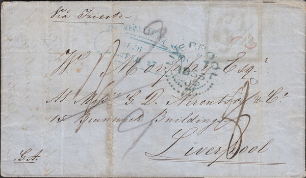70016 1856 MAIL GREECE TO LIVERPOOL WITH 'LIVERPOOL' DOTTED DATE STAMP.