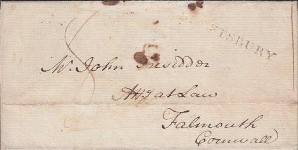 70226 - 1800 DORSET/'SHAFTESBURY' HAND STAMP. Wrapper Shaftesbury to Falmouth dated...