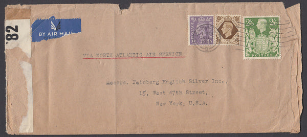 70625 1943 AIR MAIL LONDON TO USA 2/6D YELLOW-GREEN. Large envelope (227x101), some faults, London to New York wit...
