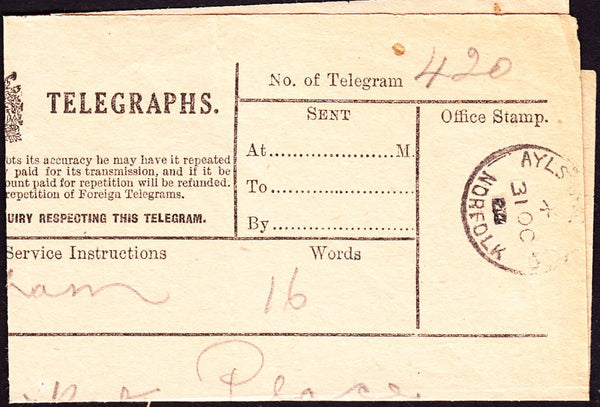 70695 - POST OFFICE TELEGRAPH/NORFOLK. A fine example canc...