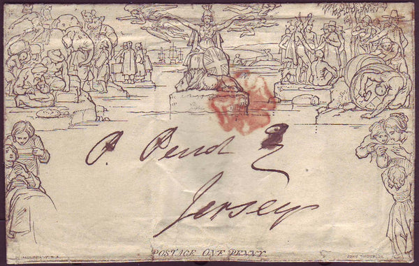 70747 - 1840 1D MULREADY WRAPPER LONDON TO JERSEY. A good used 1d Mulready wrapper