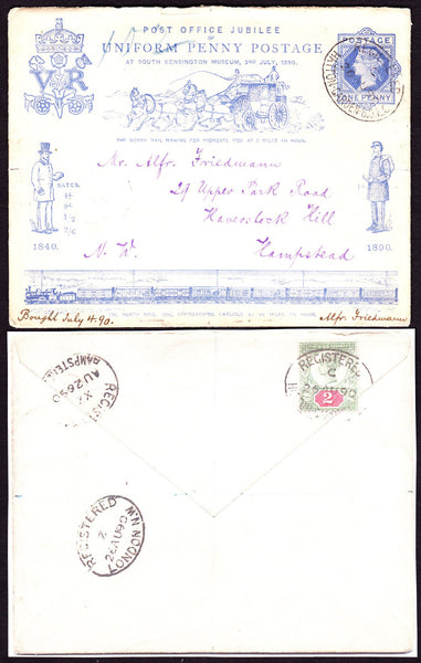 70862 1890 PENNY POSTAGE JUBILEE 1D BLUE ENVELOPE REGISTERED MAIL AUGUST 1890 USED IN LONDON.