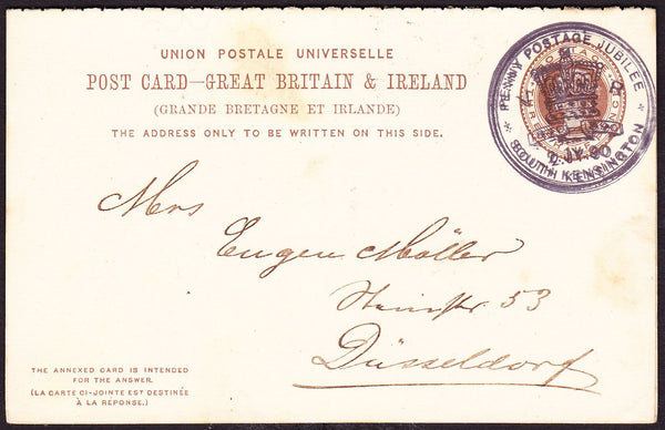 71007 1890 PENNY POSTAGE JUBILEE UPU 3½D BROWN REPLY PAID CARD TO DUSSELDORF.