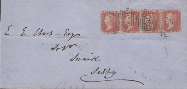 71871 - 1856 PL.37 RED BROWN ON BLUED STRIP OF FOUR ON COVER YORK TO SNAITH. £& PL>large part wrapper York to Snaith with 4 x 1d...