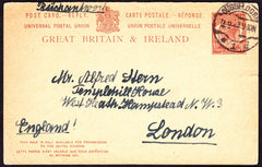 72526 - 1923 UPU 'POST CARD REPLY' PAID DUSSELDORF TO LONDON. A fine 1923 UPU post card reply paid with printed KGV 1½d roppstpostal stationery "postcard reply" ...